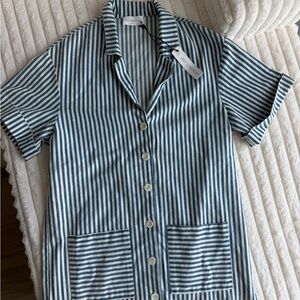 Blue and White Striped Button-Up Shirt Dress by Self Contrast